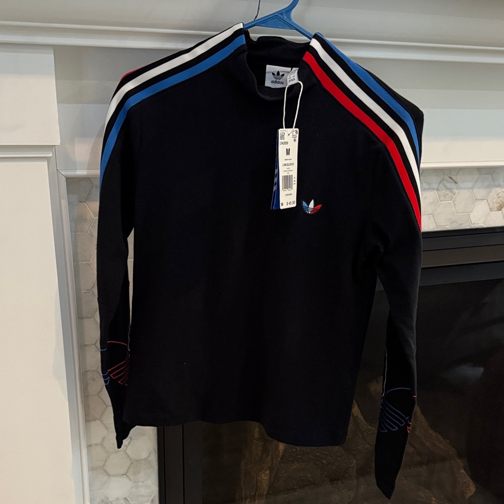 Adidas Women's Black Long Sleeve Top with Red and Blue Accents